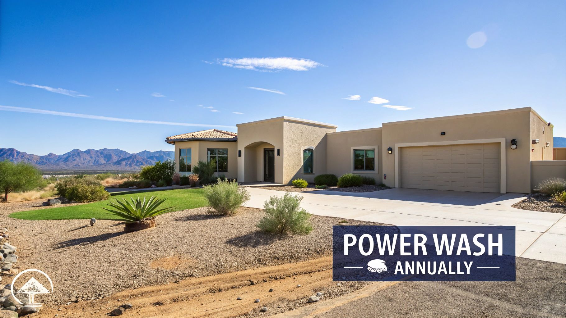 Modern desert home with light-colored stucco, green lawn, gravel landscaping, mountains, and power wash reminder.