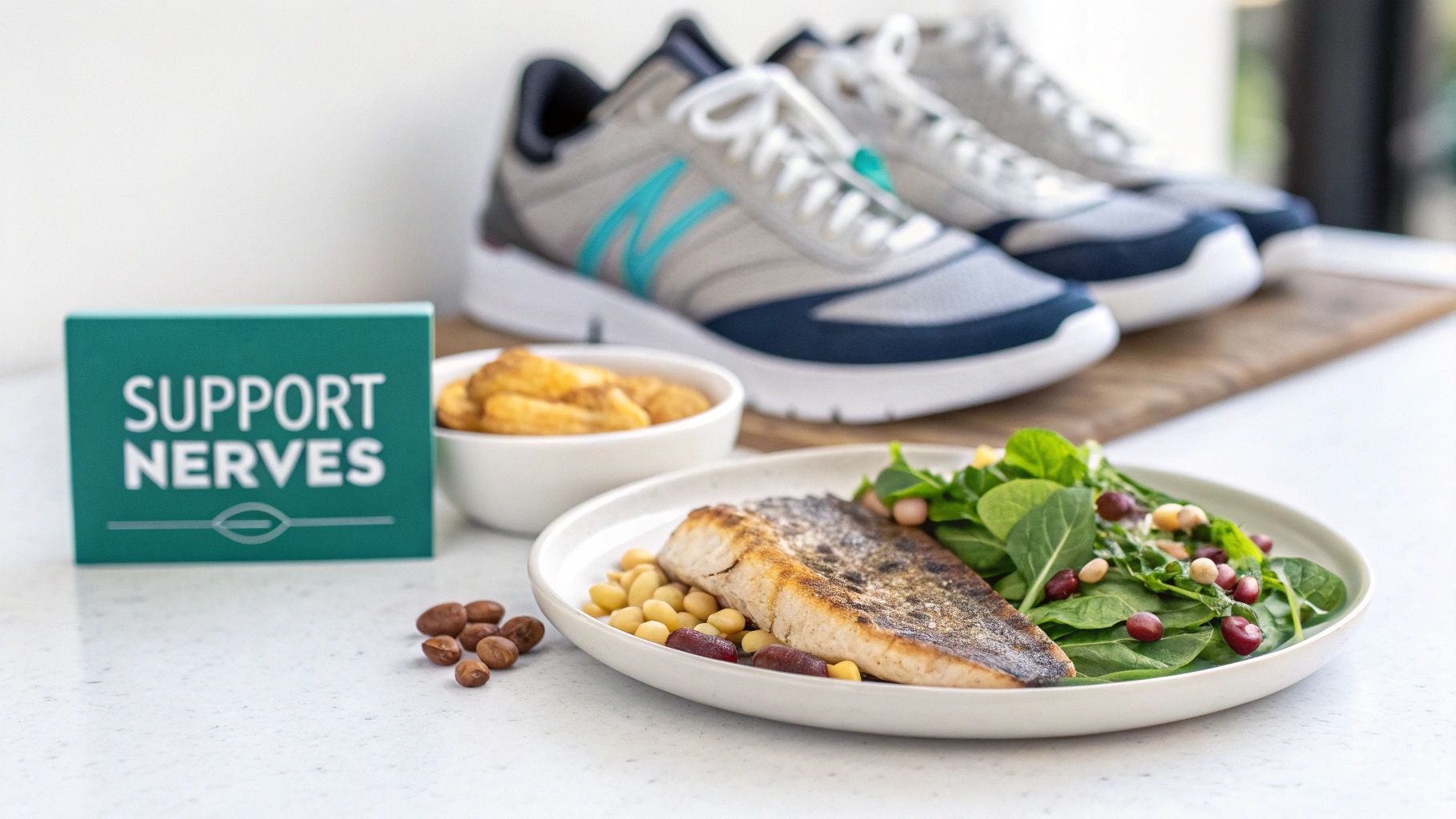 A healthy meal with fish, salad, beans, nuts, sneakers, and a 'Support Nerves' sign.