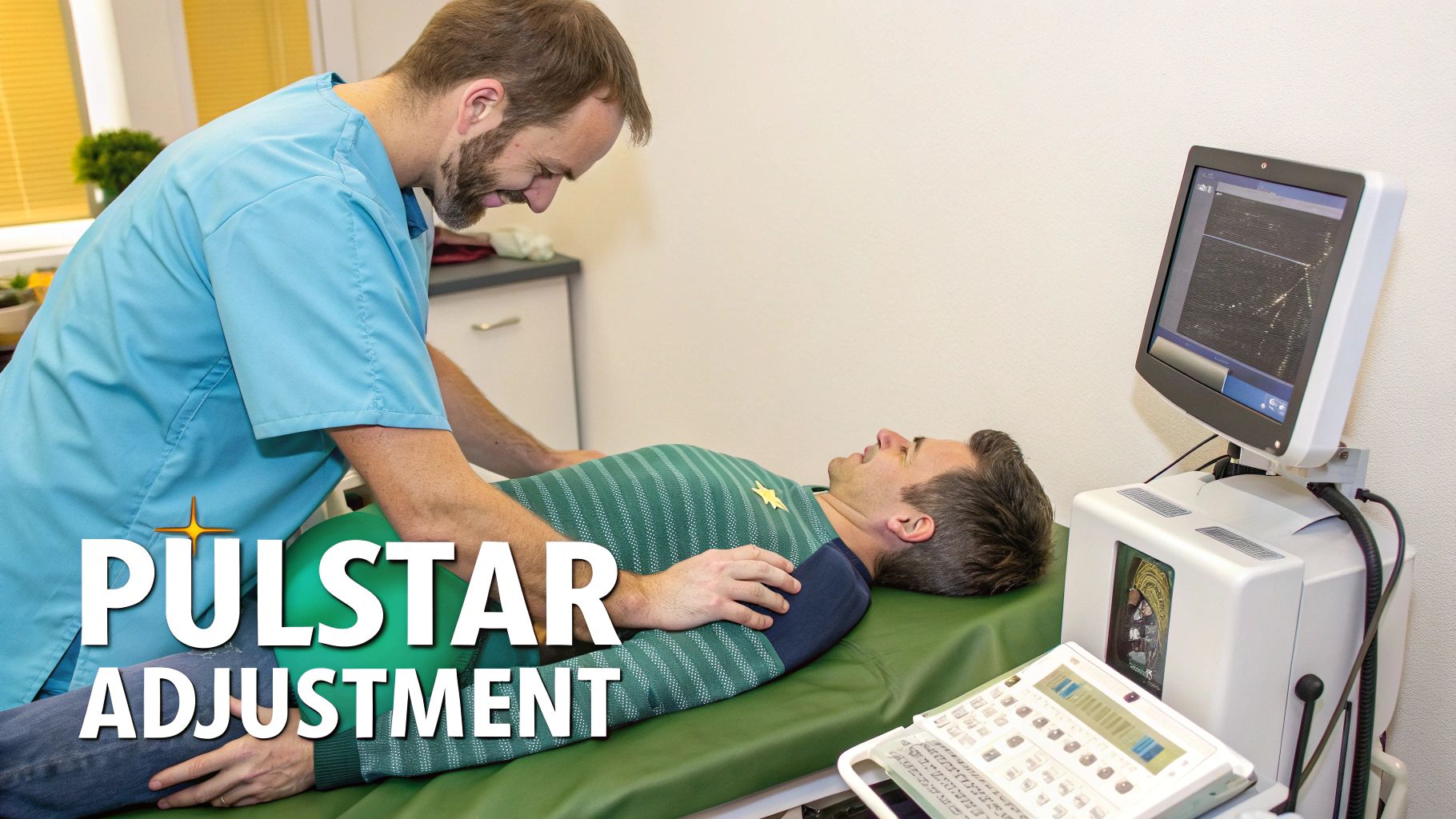 A male chiropractor performs a Pulstar adjustment on a patient lying on a green examination table, with a medical monitor.