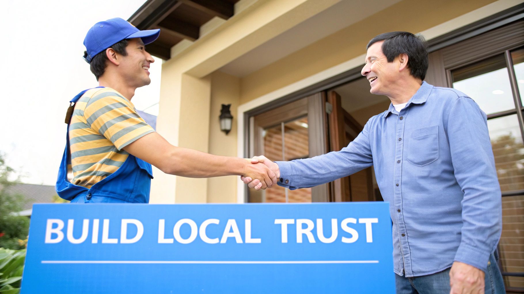 A smiling service professional shakes hands with a homeowner in front of a house, promoting local trust.