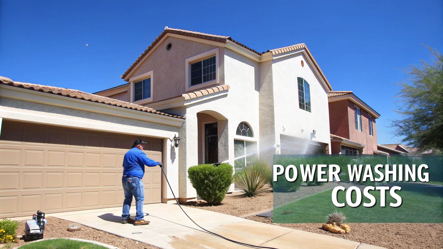 Man power washing a driveway in front of a two-story house with 'POWER WASHING COSTS' text overlay.