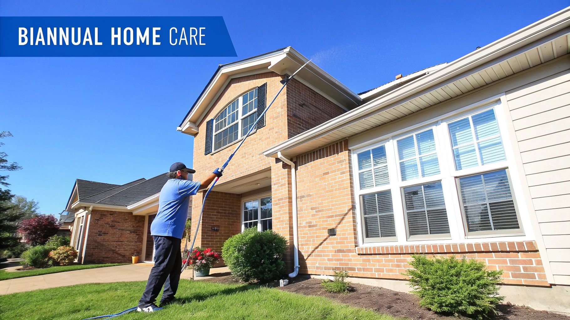 A person uses a long pole to clean the gutters of a two-story house under a clear blue sky.