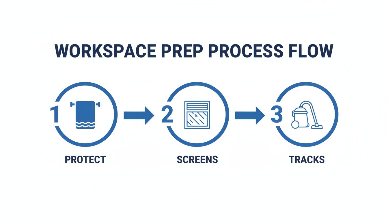Flowchart illustrating a three-step workspace preparation process: protect with a towel, clean screens, and vacuum tracks.