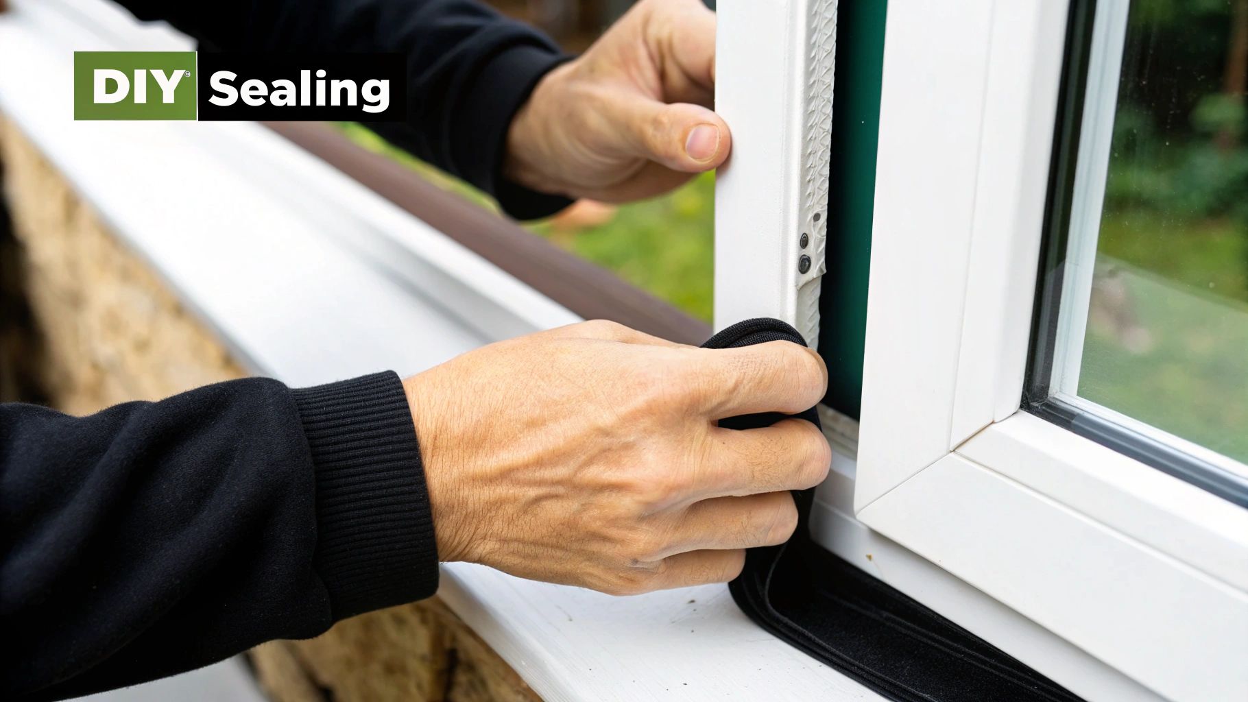 Person installing window sealing