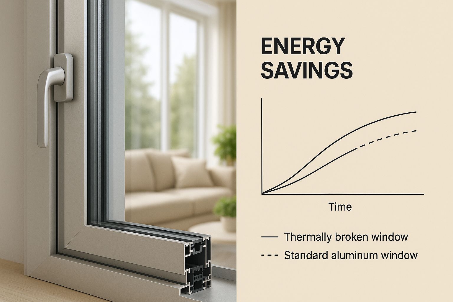 A close-up of a thermally broken aluminum window highlighting the potential for energy savings.