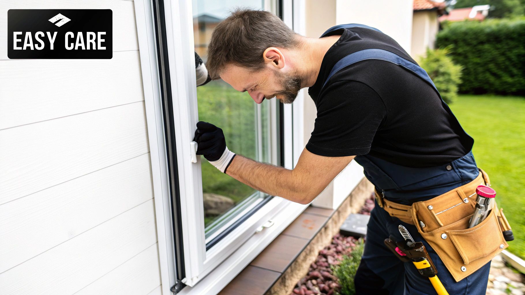 A person closely inspecting the frame of a modern thermally broken aluminum window.