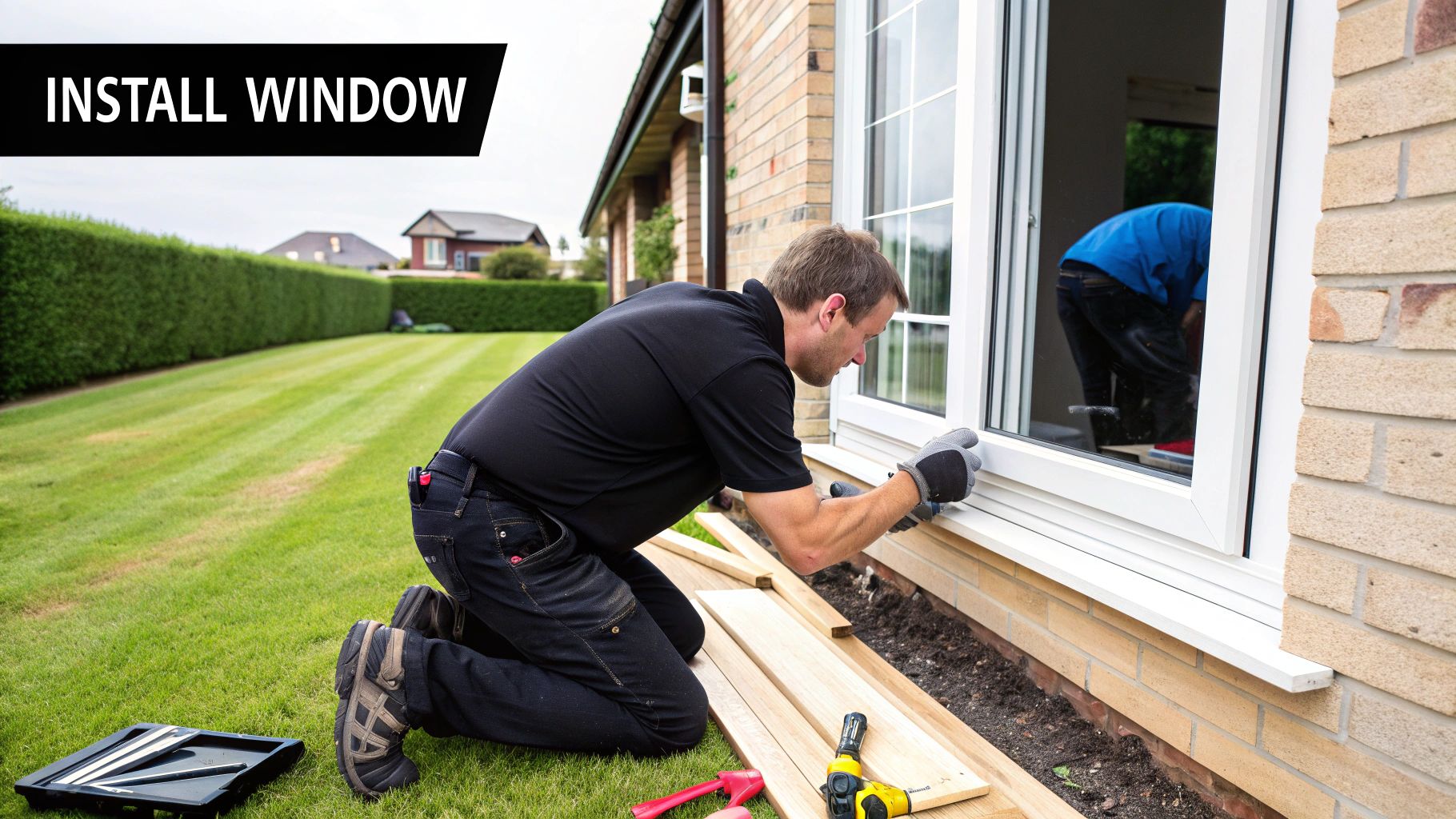 Professionals installing a window