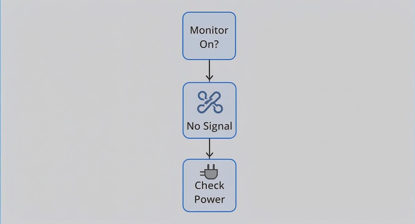 Troubleshooting flowchart showing three steps to fix monitor no signal issue with power check