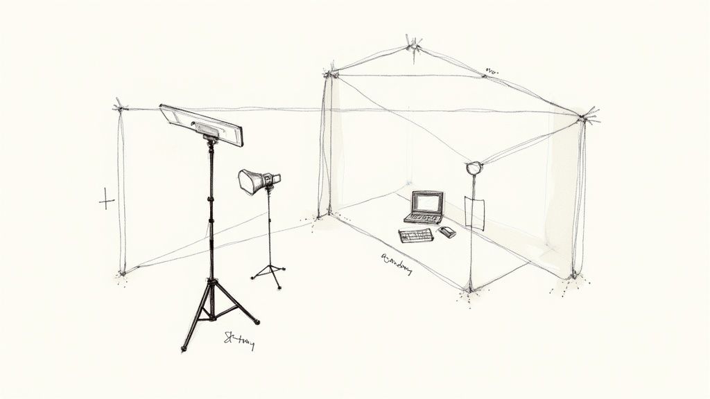 A person recording a training video with a professional-looking setup including a camera and lighting.