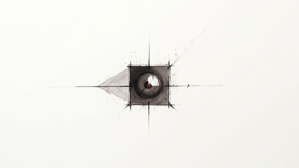 A technical sketch on white, featuring a central square with a lens-like circle and a red dot, surrounded by directional lines and a shaded triangle.