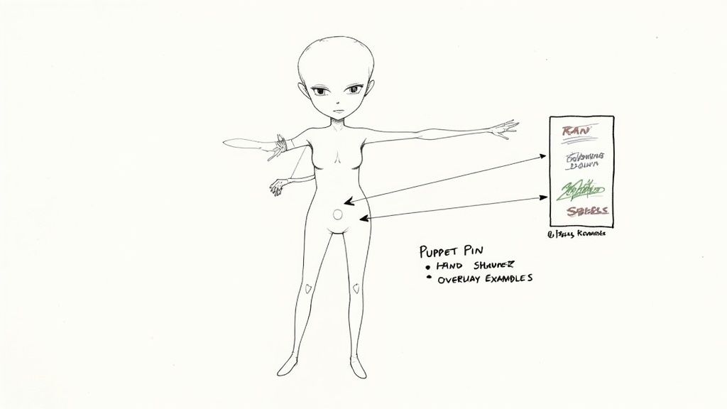 A digital illustration of a character being animated using puppet pins on a computer screen.