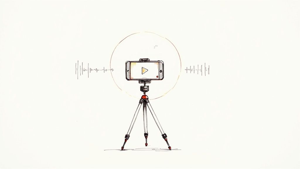 A sketch of a smartphone on a tripod with a play button, surrounded by a light ring and sound waves.