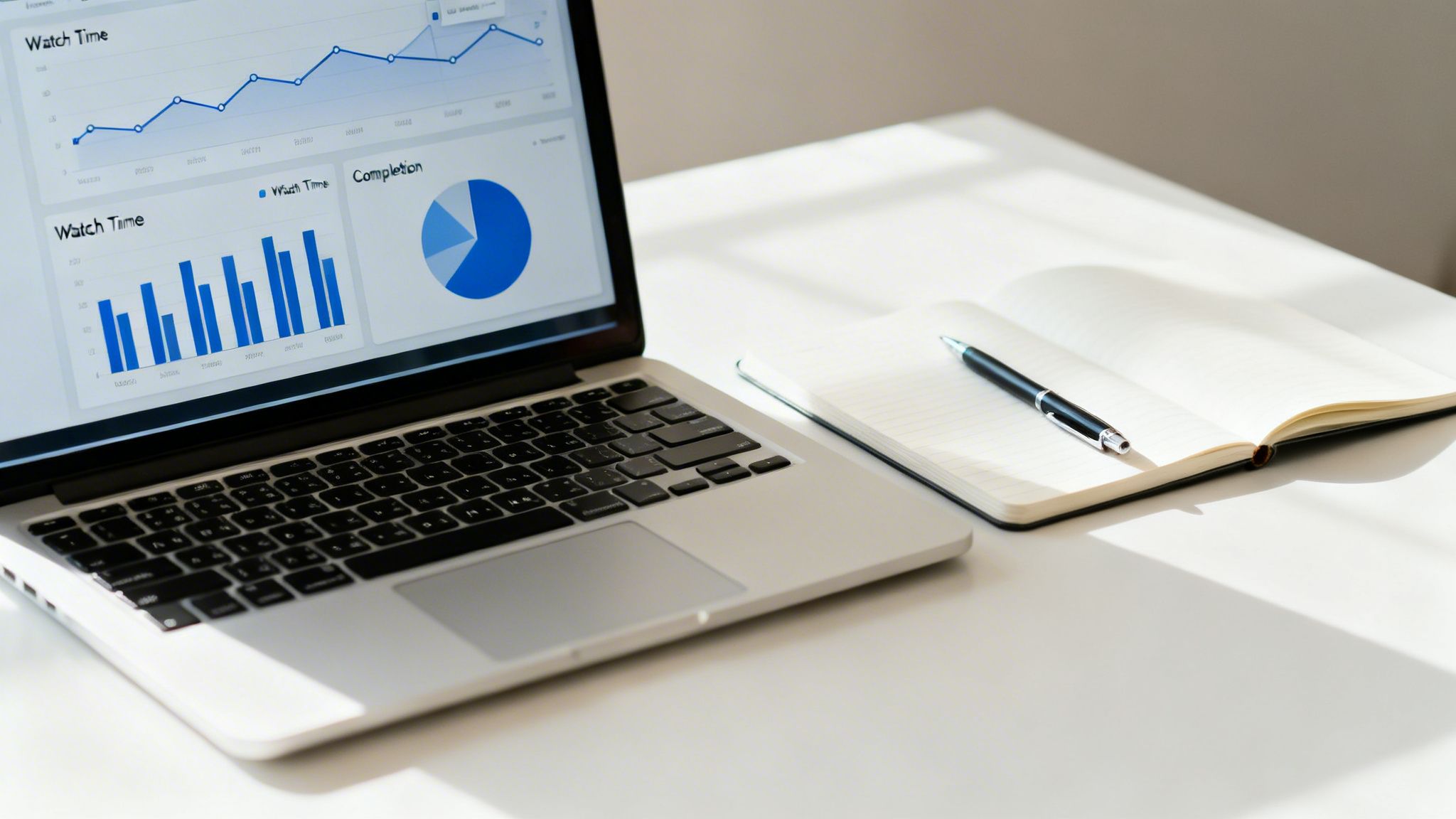 A laptop displays 'Watch Time' analytics graphs and charts, next to an open notebook and pen on a white desk.