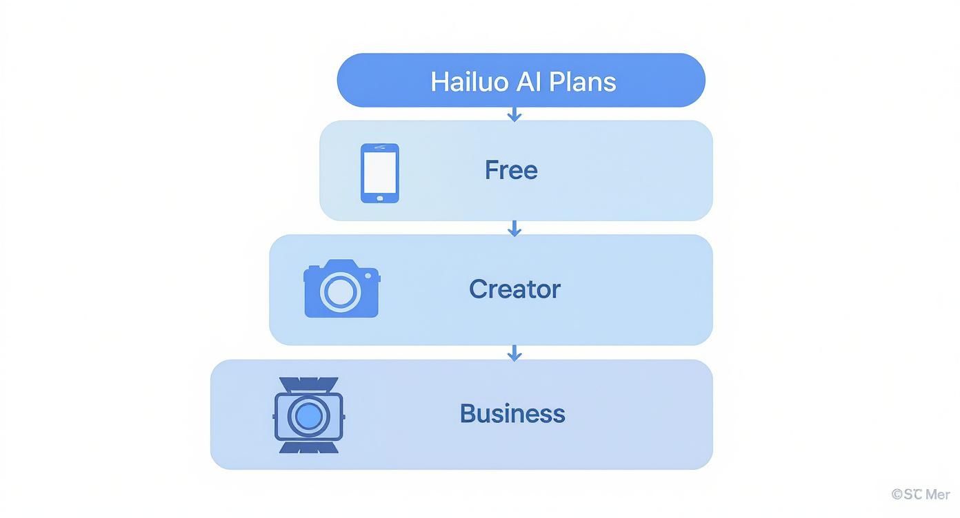 A flowchart illustrates Hailuo AI plans: Free (mobile phone), Creator (camera), and Business (studio camera).