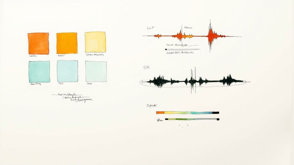 Watercolor swatches of orange and blue hues alongside various audio waveforms, indicating sound design elements.