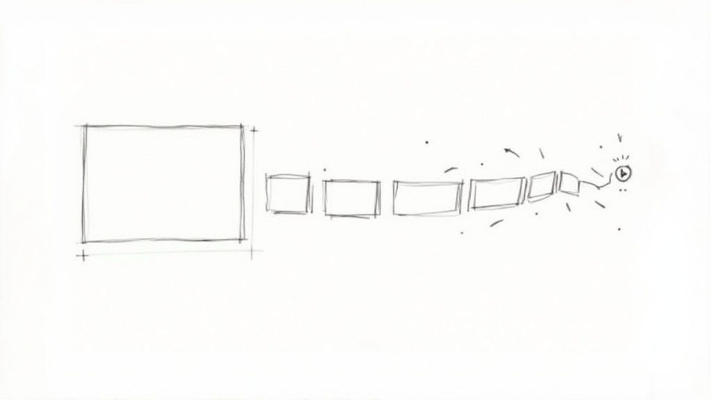 Sketch illustrating a large frame breaking down into smaller, dynamic frames culminating in a play button.