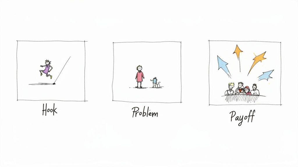 Three illustrations depicting 'Hook' (person jumping), 'Problem' (two people), and 'Payoff' (group with success symbols).