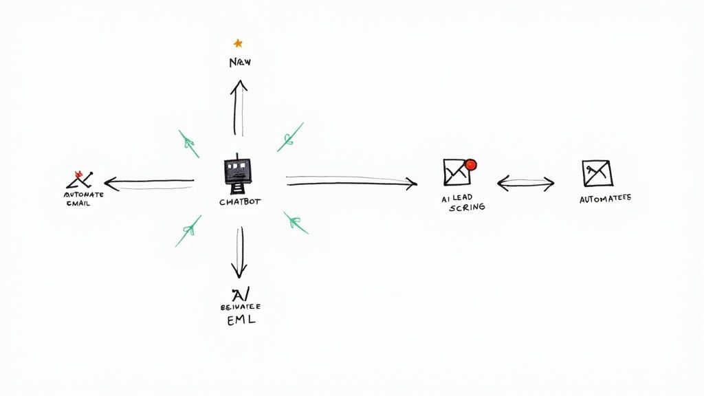 An abstract image showing interconnected nodes and data streams, representing AI and automation workflows.