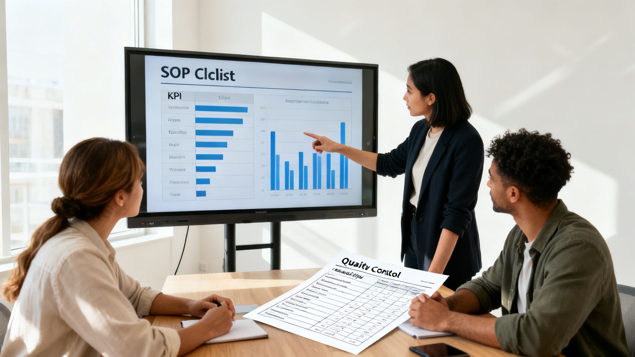 Three colleagues discuss performance data and KPIs during a business meeting, reviewing quality control documents.