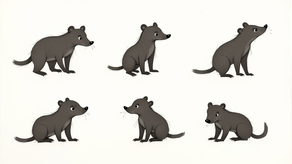 Sketches of Barnaby the badger showing different shapes and expressions.