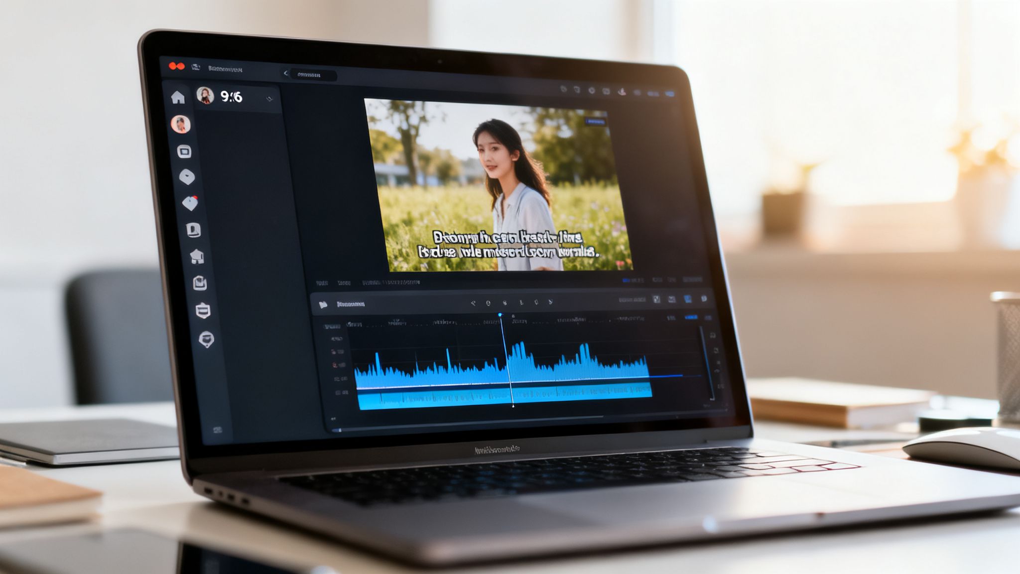 A laptop screen displays video editing software with a video of a woman and audio waveform.