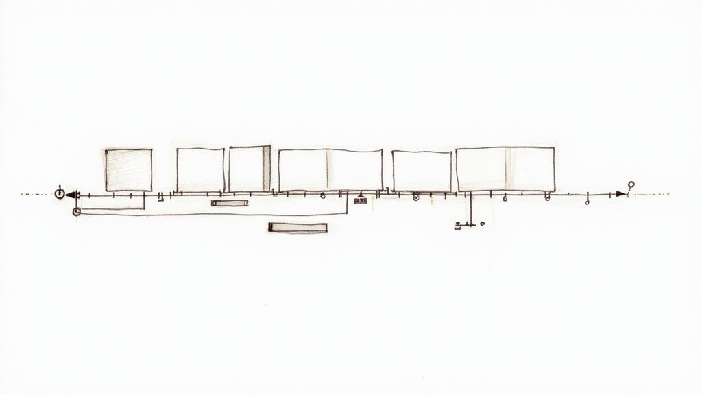 Simple architectural sketch illustrating a sequence of rectangular elements on a horizontal timeline.
