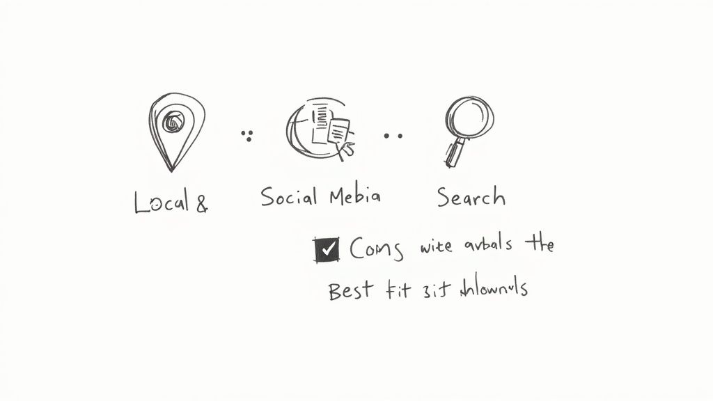 Hand-drawn icons representing local presence, social media, and search as business promotion channels.