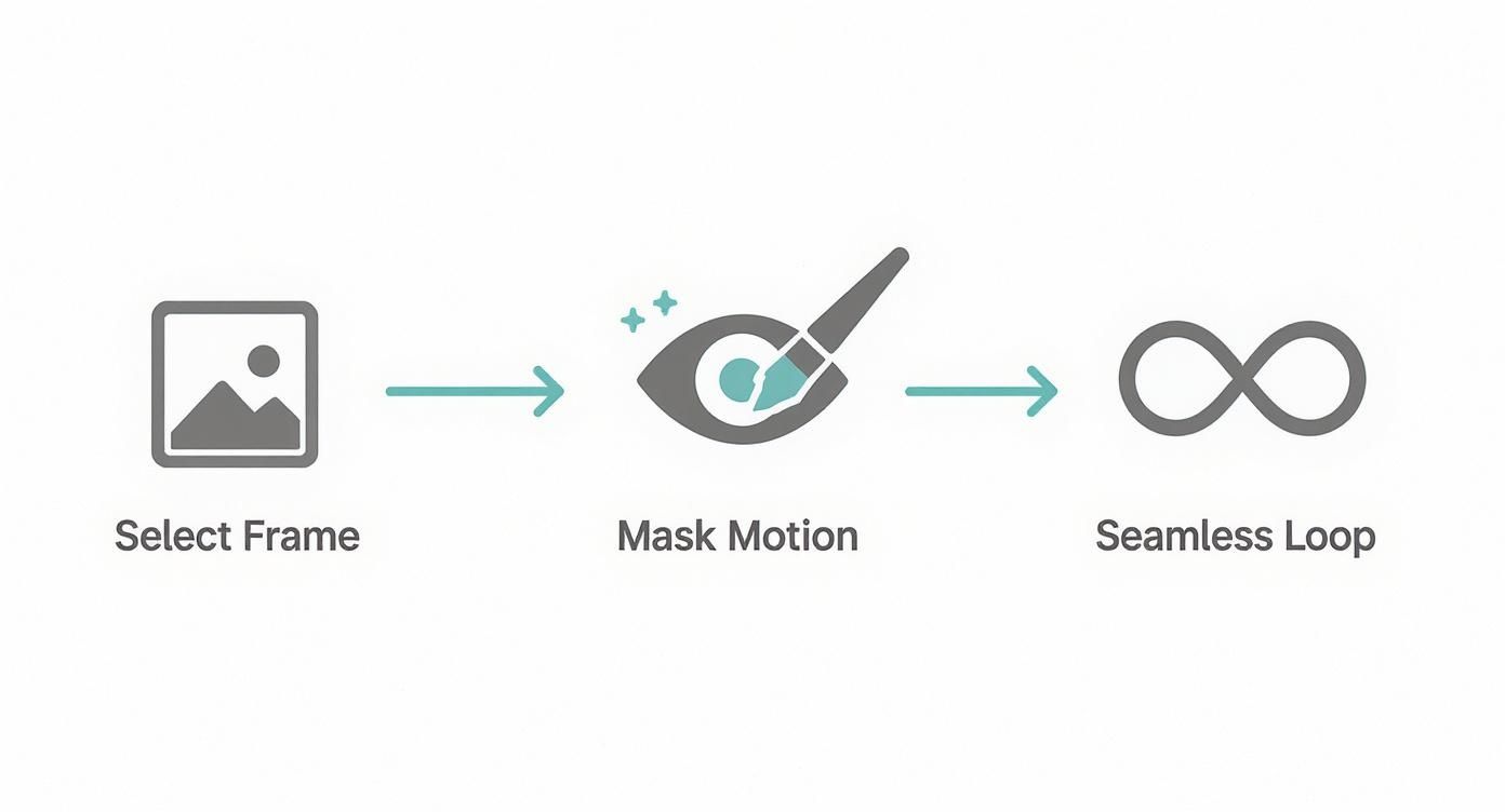 A visual guide shows how to select a frame, mask motion, and create a seamless loop.