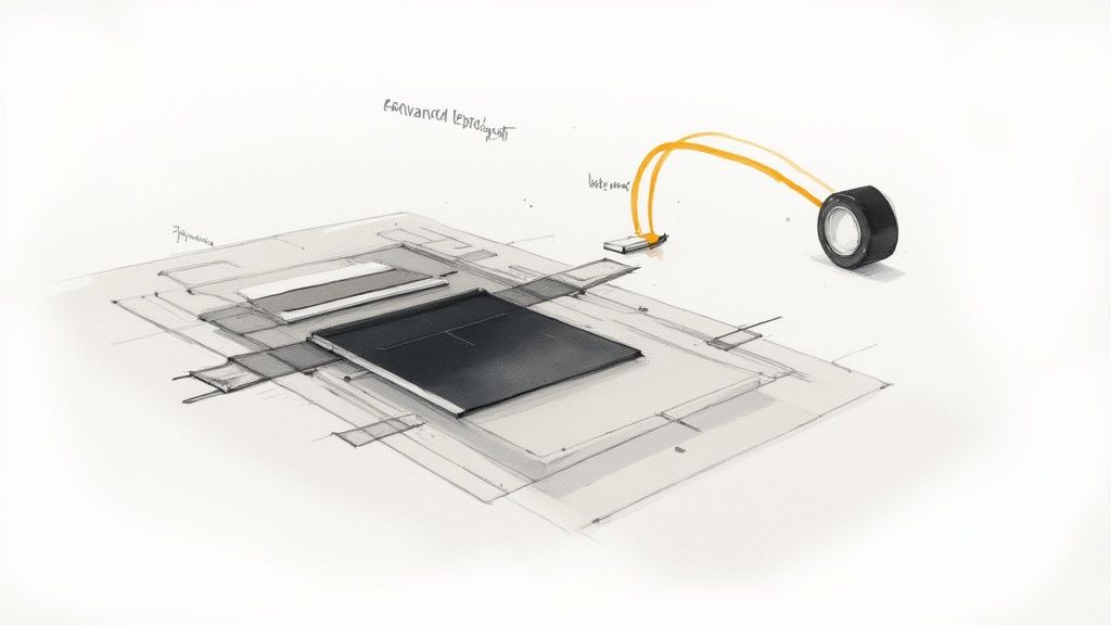 Detailed technical sketch showcasing advanced layered design and connected external components.