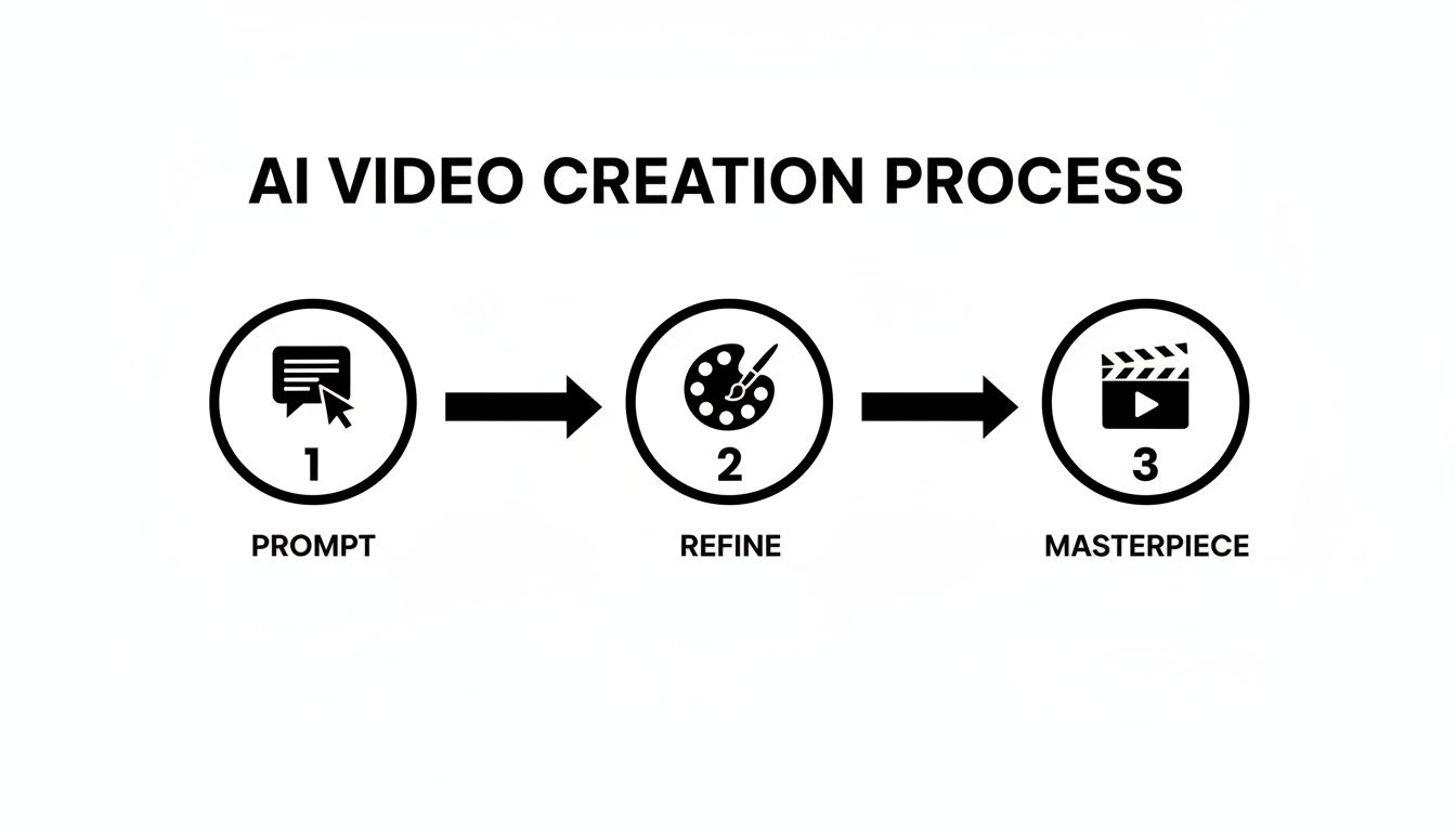 Ein Diagramm des KI-Videoerstellungsprozesses mit drei Schritten: Prompt, Verfeinerung und Meisterwerk.
