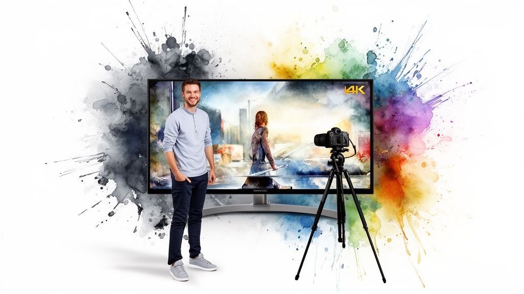 Smiling man stands beside a TV showcasing 4K video content, with a camera and colorful paint splatters.