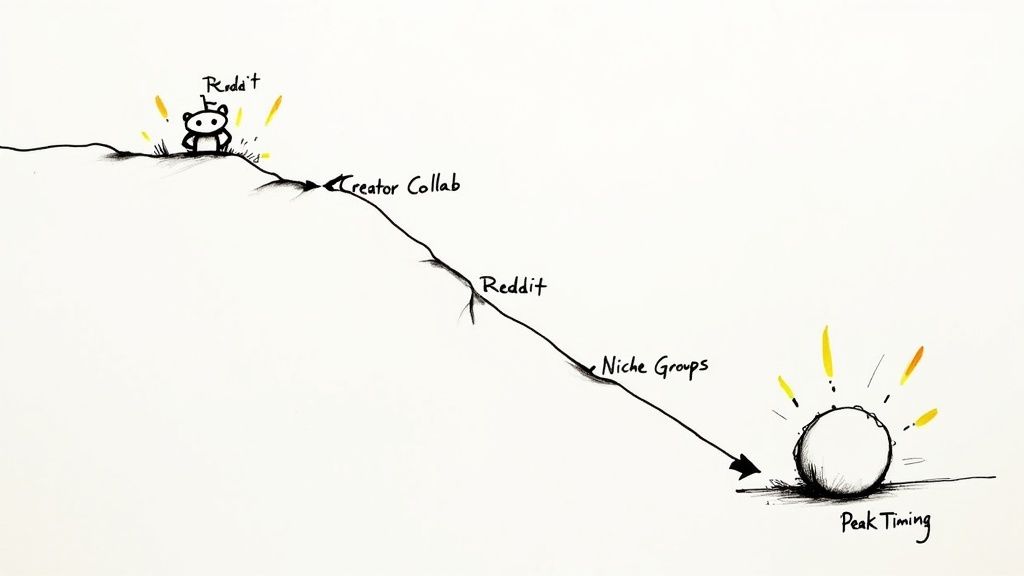 Hand-drawn diagram illustrating a content viral strategy, moving from Reddit through creator collabs to peak timing.