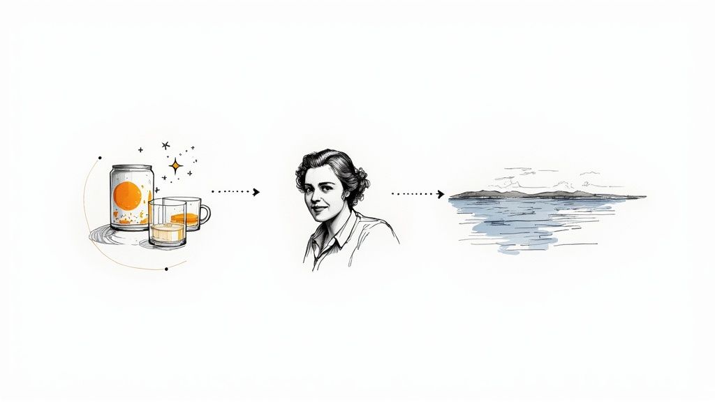 Illustrated sequence showing orange juice jar, vintage portrait of woman, and ocean landscape with arrows