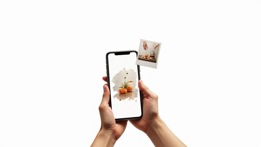 Hands holding smartphone displaying edited photo with watercolor effect next to original polaroid image