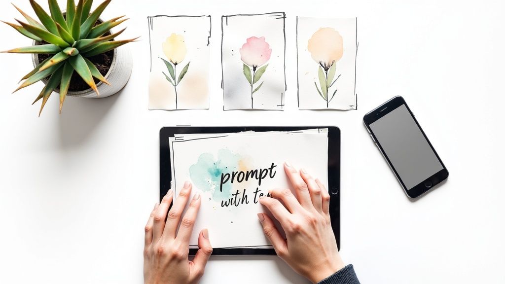 Flat lay of a creative workspace with a succulent, watercolor art, tablet, and smartphone.