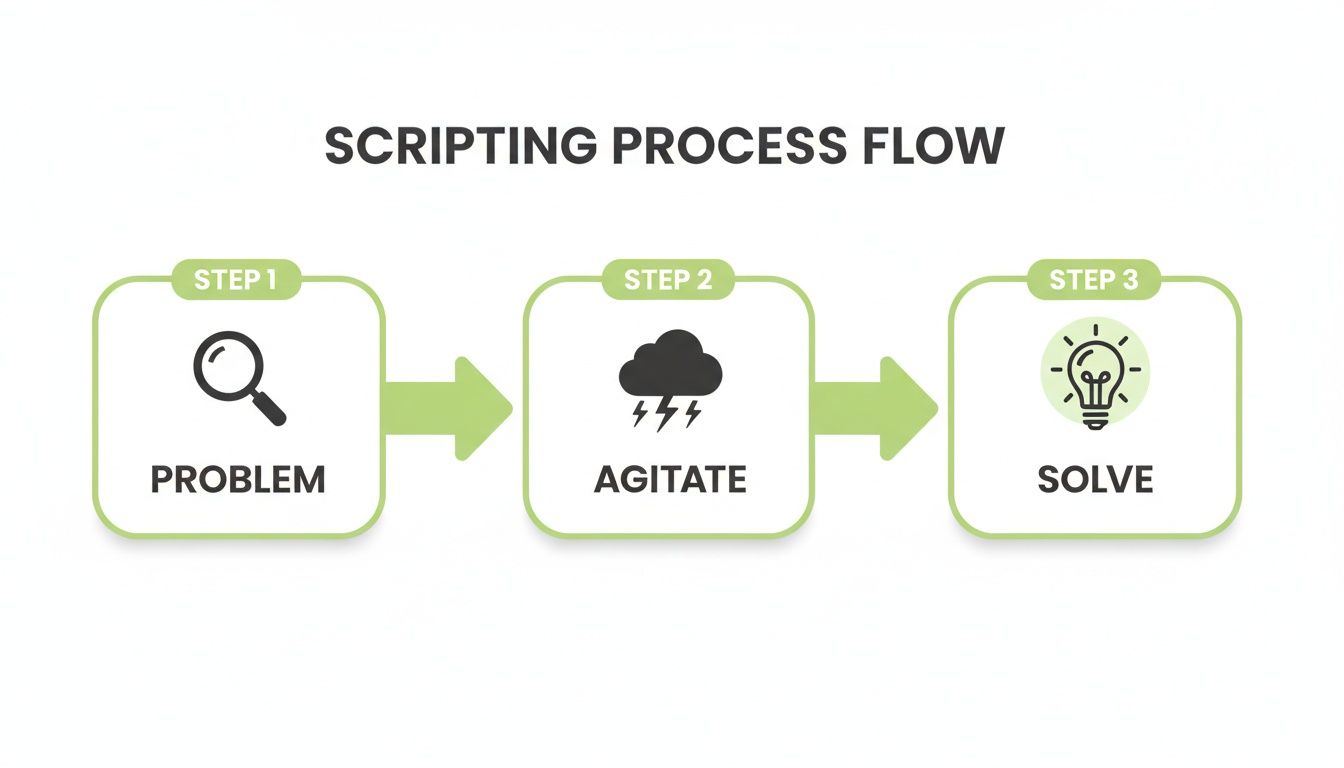A scripting process flow diagram illustrating three steps: problem identification, agitation, and problem-solving.