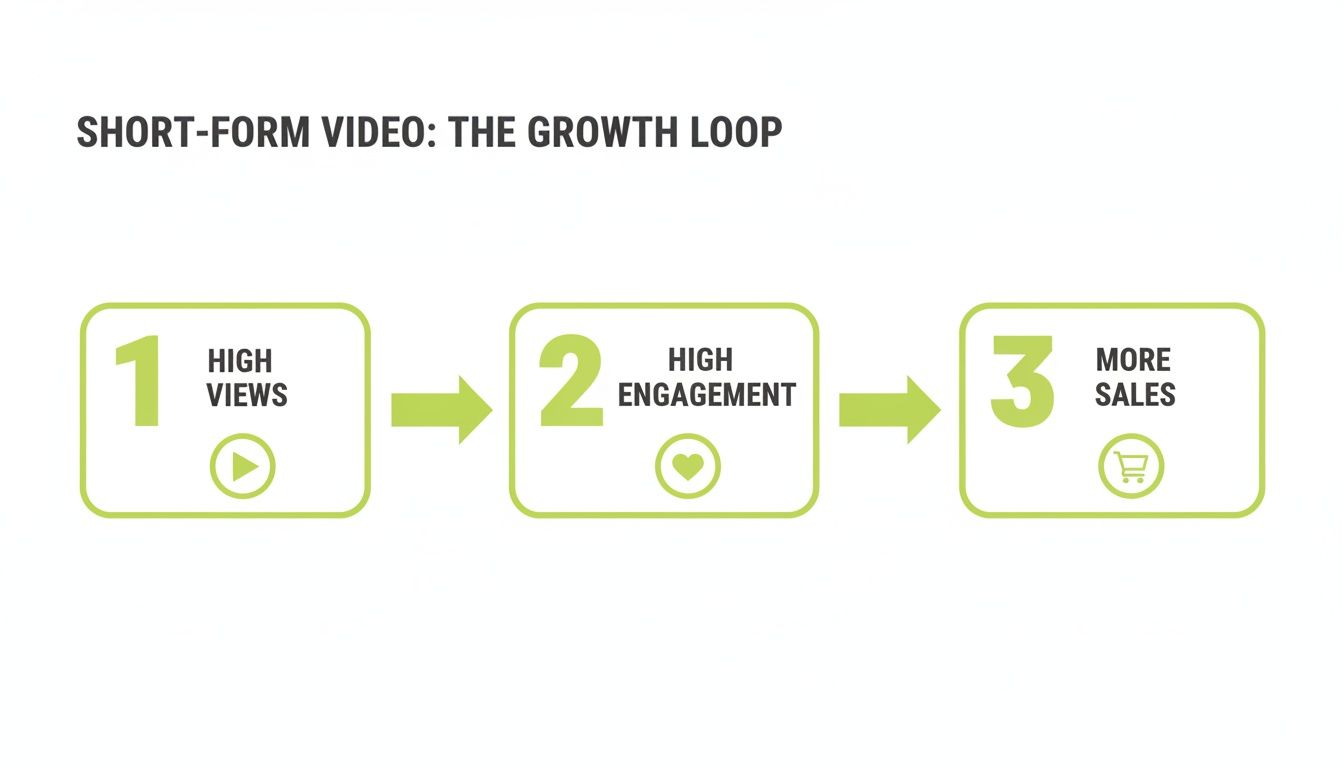 A diagram illustrating the short-form video growth loop: high views, leading to high engagement, and then more sales.
