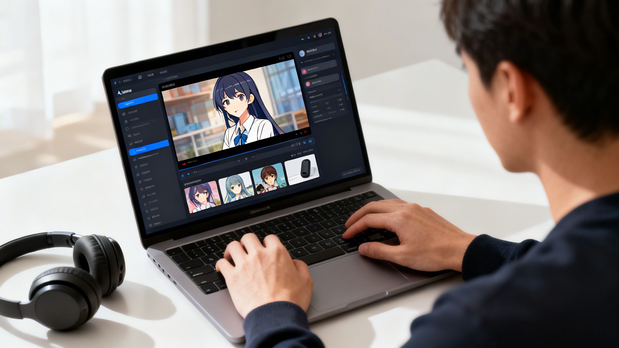 A person uses a laptop displaying an anime video, with headphones resting on a white desk.