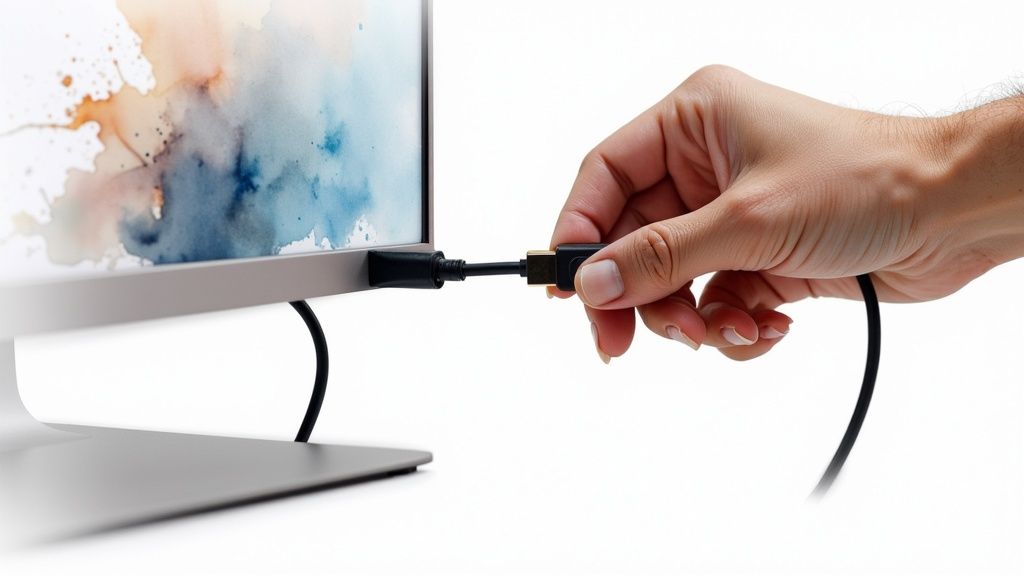 Hand plugging HDMI cable into computer monitor to fix connection issue