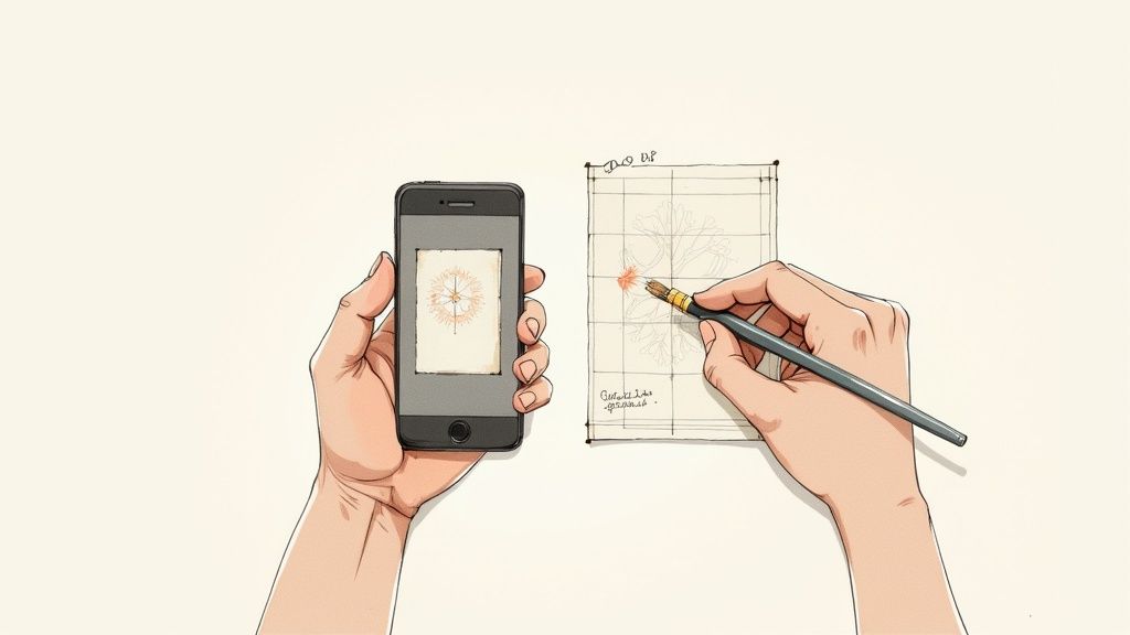 A person's hands drawing a flower on paper, using a smartphone as a visual reference.