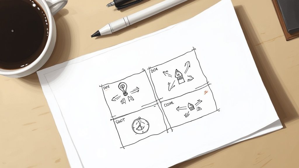 A simple storyboard with sketches of a video project.