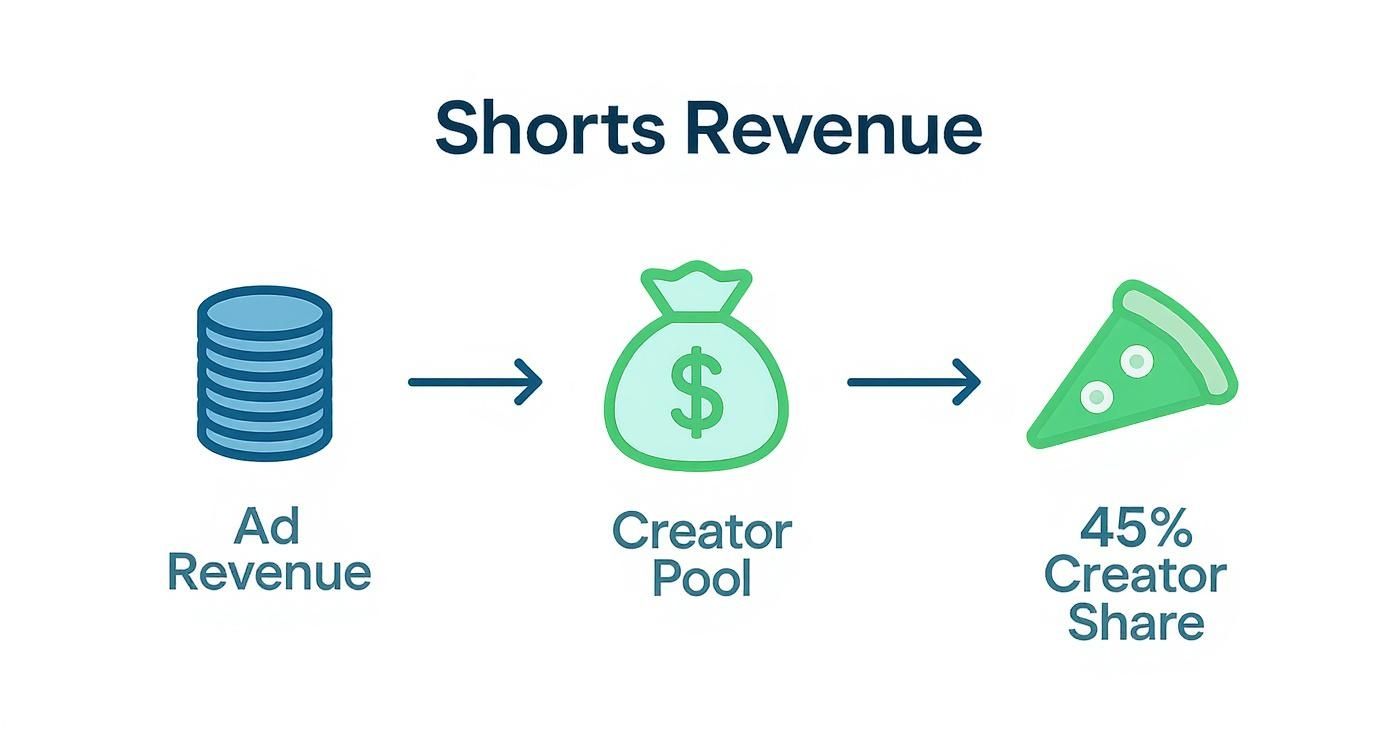 Flowchart showing YouTube Shorts revenue: Ad Revenue goes to Creator Pool, then 45% Creator Share.