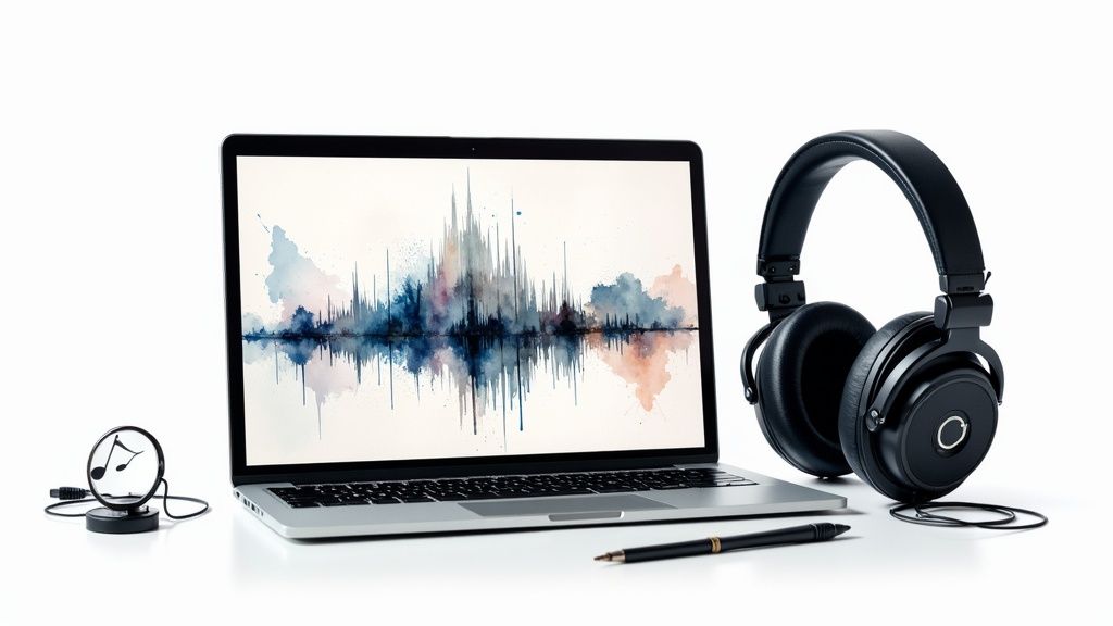 Laptop displaying audio waveform visualization with professional headphones and pen on white desk