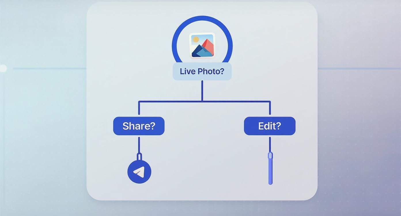 Flowchart diagram showing Live Photo options with Share and Edit branches for photo management