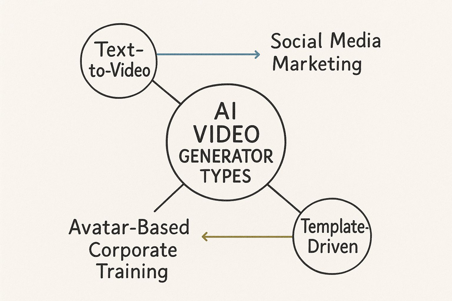 Infographic showing how Text-to-Video generators are ideal for social media, Avatar-Based for corporate training, and Template-Driven for scalable ads.