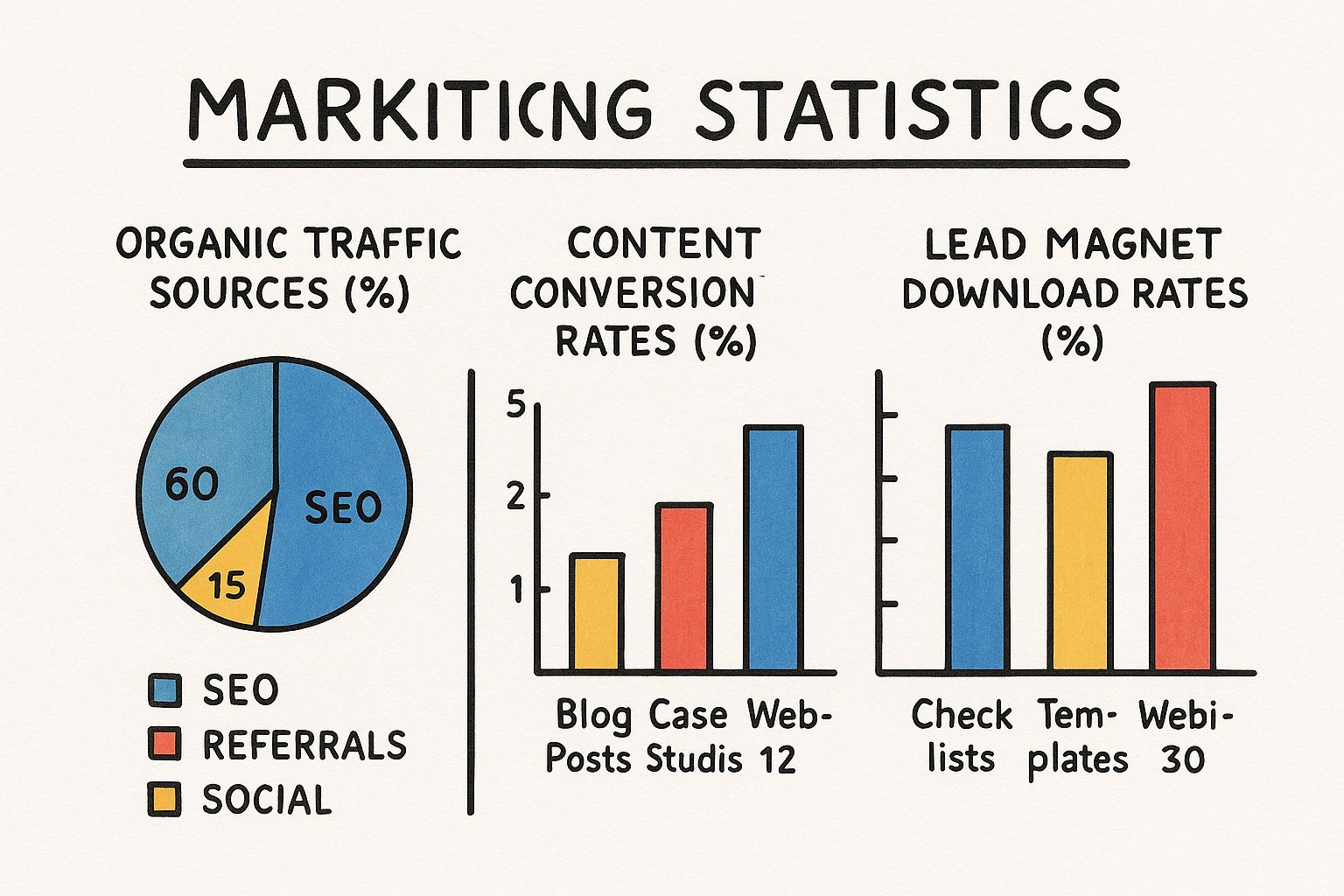 An infographic showing bar charts comparing organic traffic sources, content conversion rates, and lead magnet download rates.