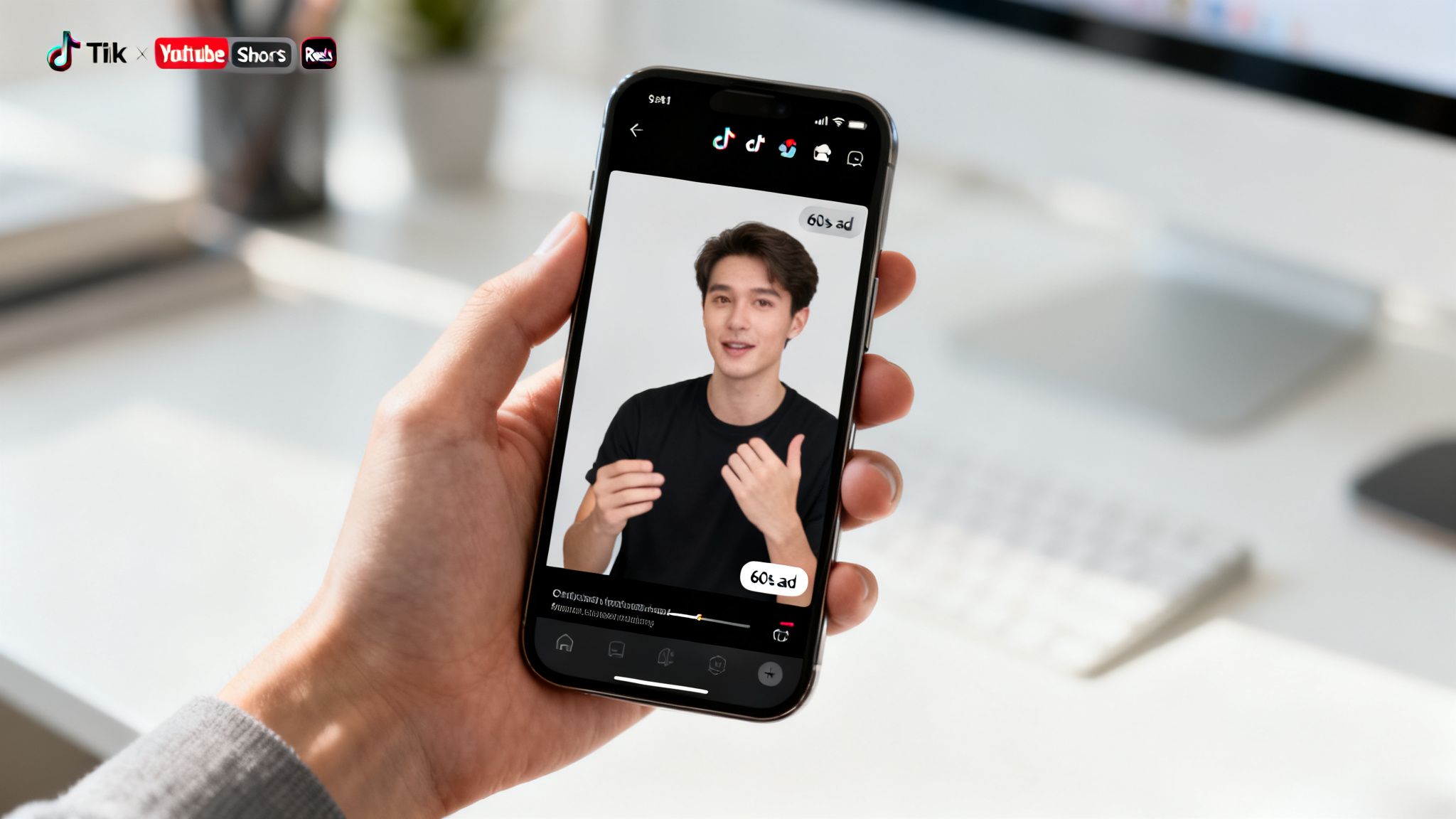 Close-up of a hand holding a smartphone playing a 60-second video ad with a man. TikTok, YouTube Shorts, and Reels branding.