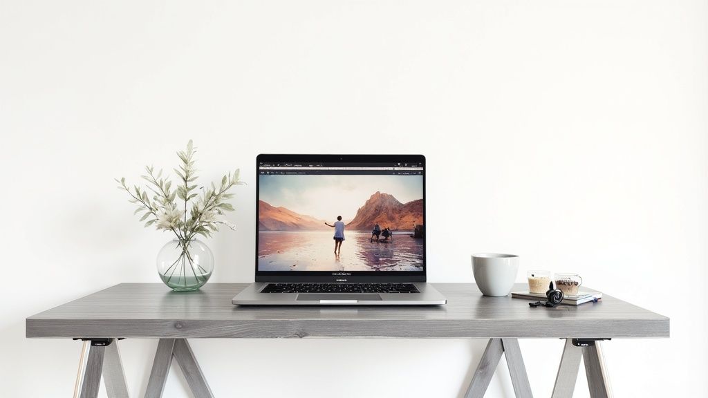 A detailed and artistic visual representing the concept of post-production for an animated image, with elements like colour wheels, sound waves, and export settings overlaid on a dynamic background.