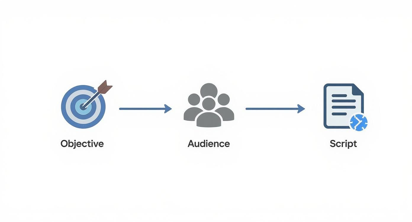 Visual workflow diagram showing objective target leading to audience then script document for video production