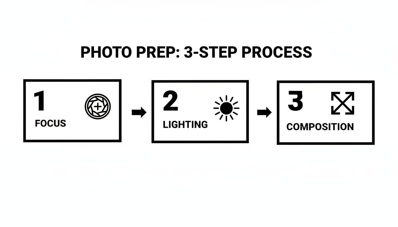 A 3-step photography prep process flowchart showing focus, lighting, and composition with icons.